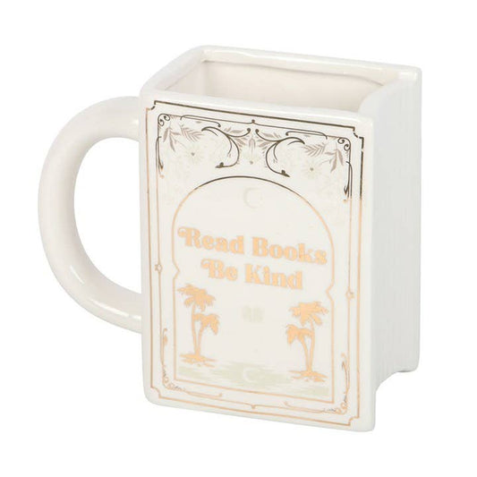 Read books, be kind. White book-shaped mug