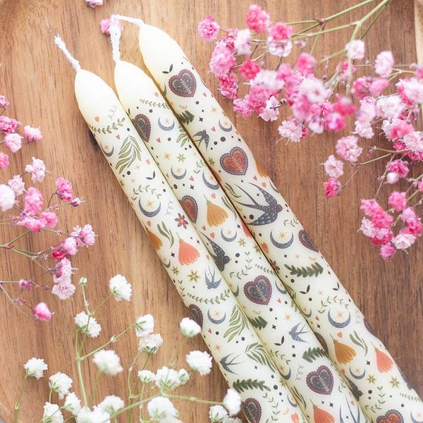 Set of 3 cream floral folk pattern candles