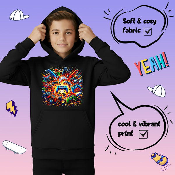Fringoo Gamer Hoodie for Boys Cotton Rich Soft Hooded Sweatshirt - Pads Explode Black
