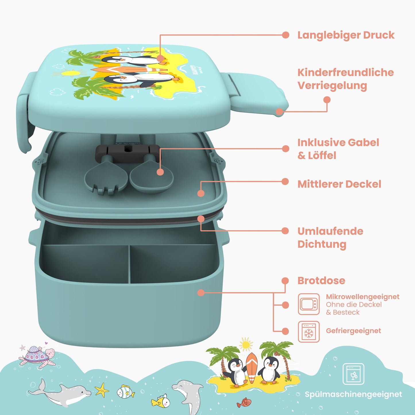 Kids' Bento Box with Compartments, Lightweight & Leakproof - Penguin