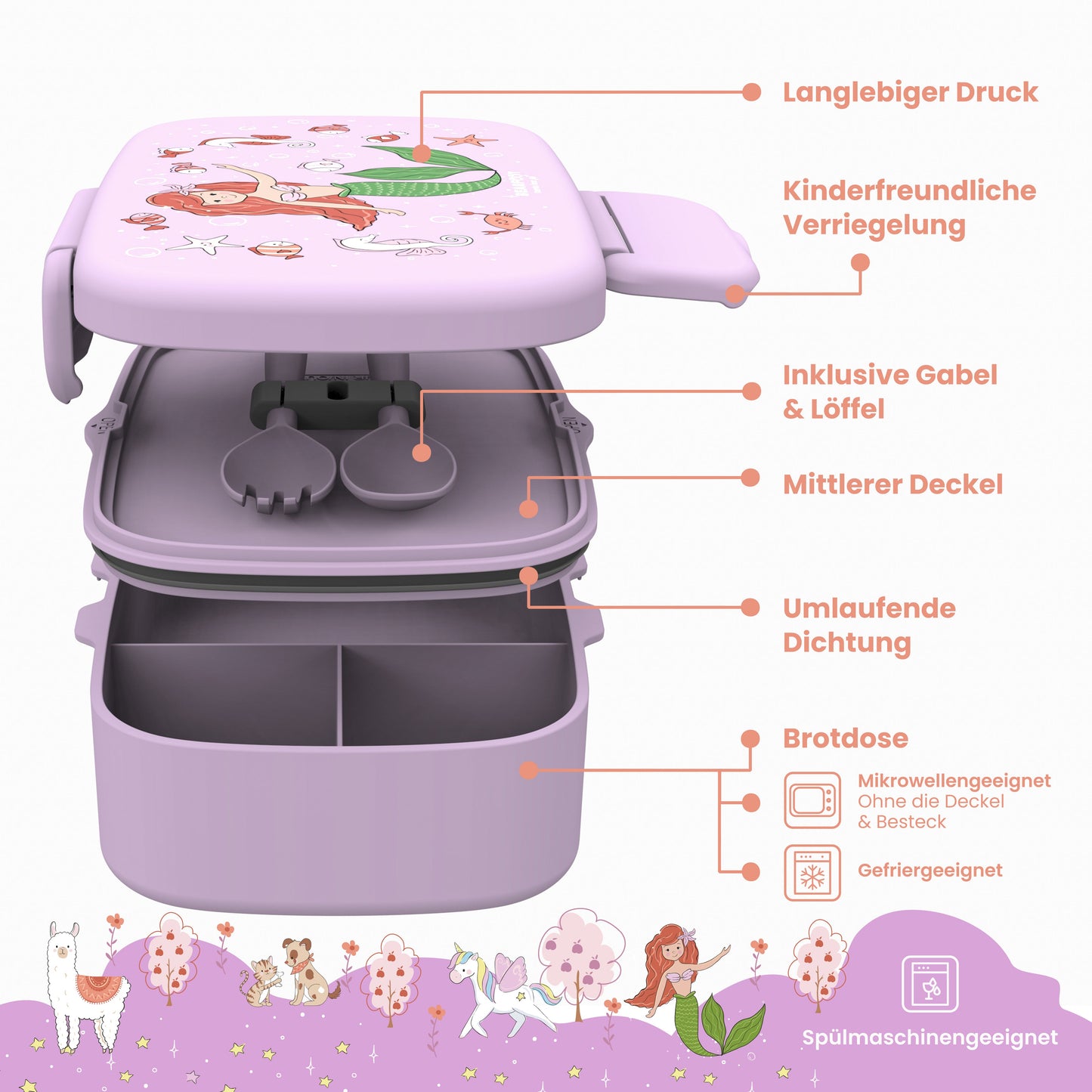 Bento Box for Kids with Compartments, Lightweight & Leak-Proof - Mermaid