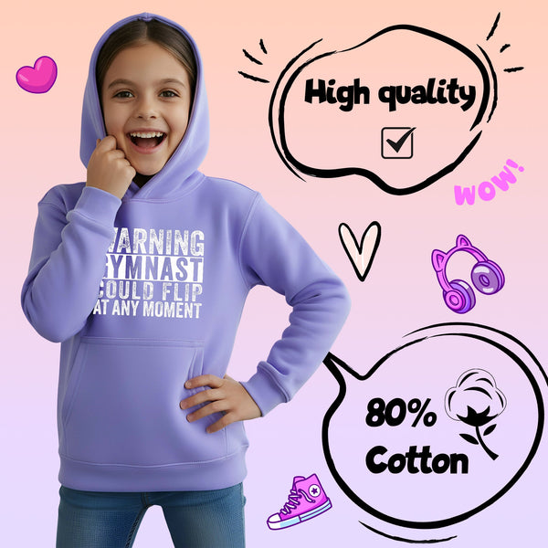 Fringoo Gymnastic Hoodie for Kids Cotton Rich Soft Hooded Sweatshirt - Gymnast Warning Purple