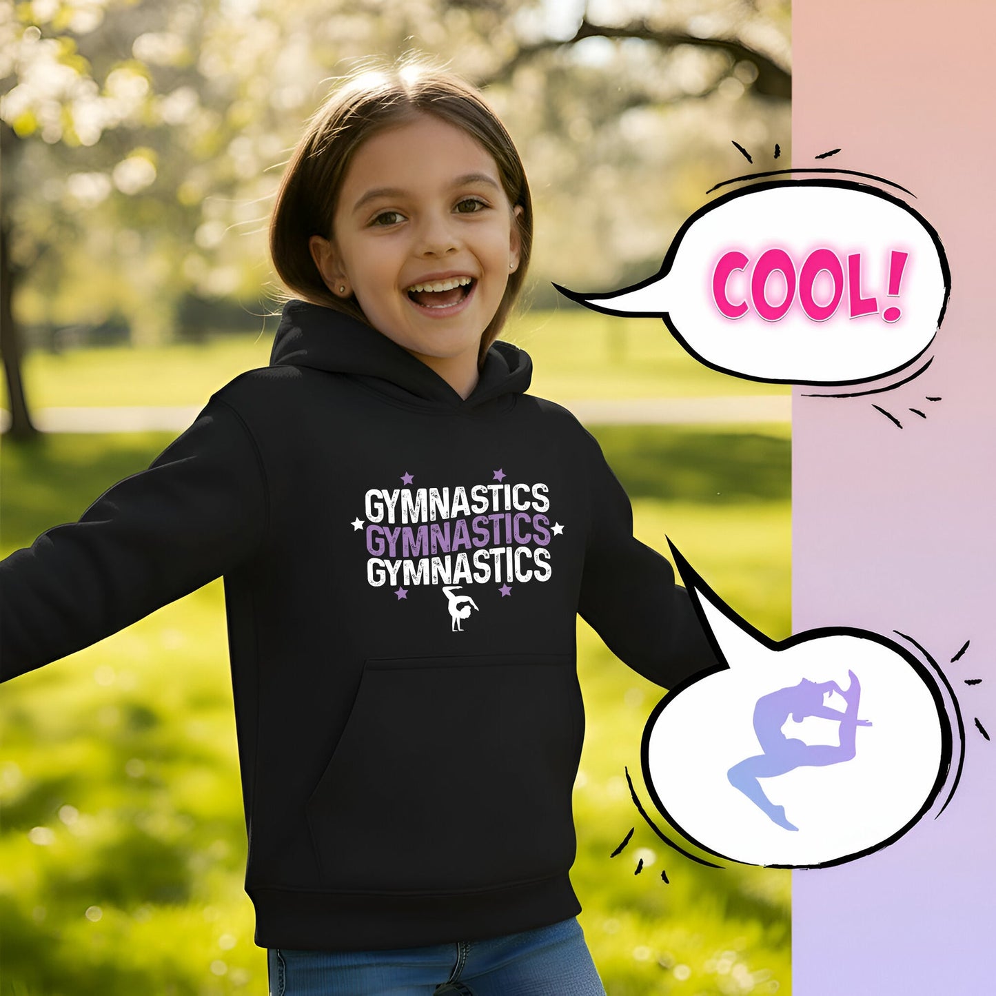 Fringoo Gymnastic Hoodie for Kids Cotton Rich Soft Hooded Sweatshirt - Gymnastics3 - Black