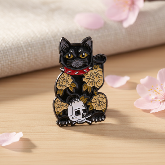 Black Lucky Cat Skull Pin