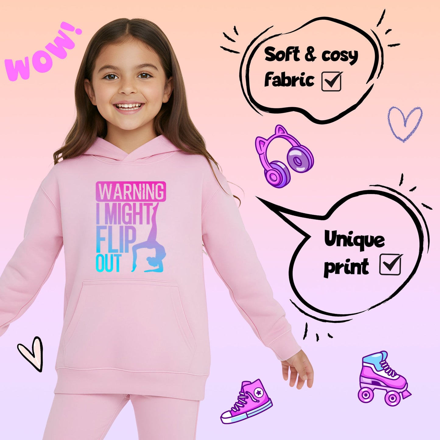 Fringoo Gymnastic Hoodie for Kids Cotton Rich Soft Hooded Sweatshirt - Gymnastics Flip Out - Pink