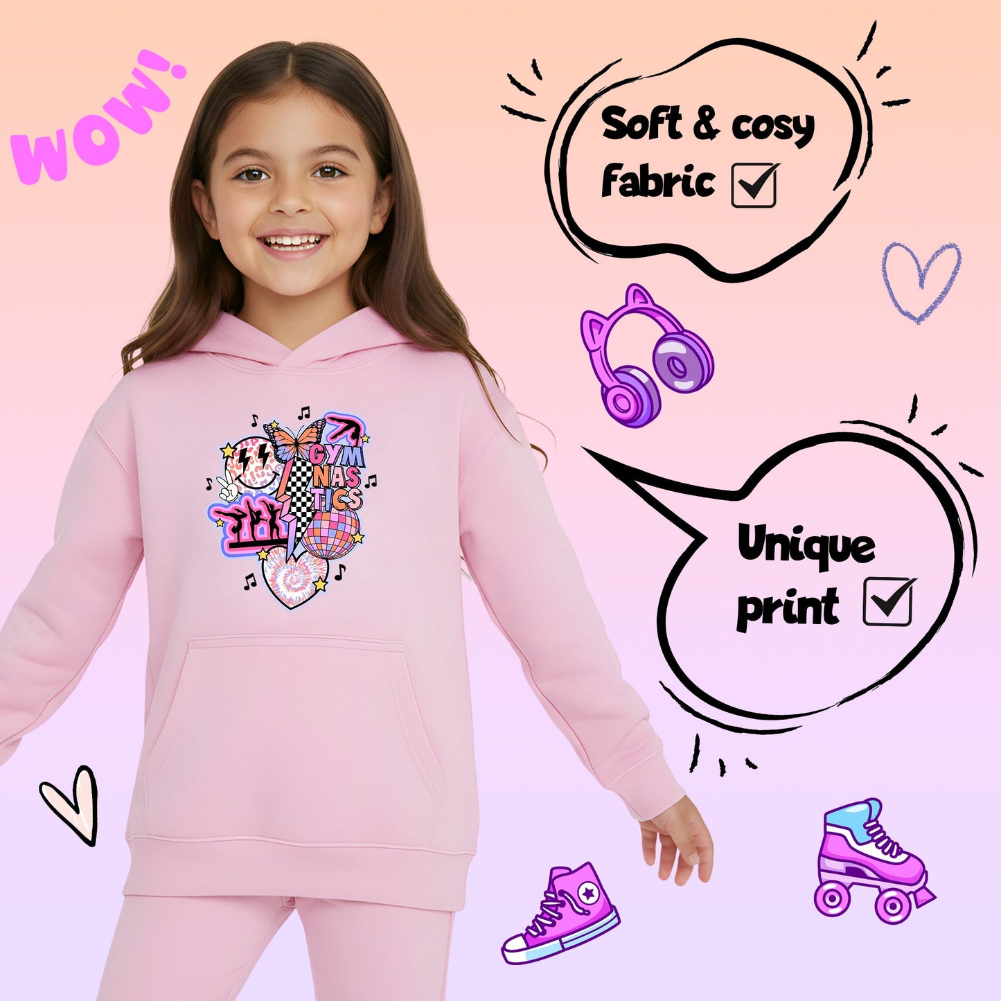 Fringoo Gymnastic Sweat à capuche for enfant Cotton Rich Soft Hooded Sweatshirt- Gymnastic Vibes-rose