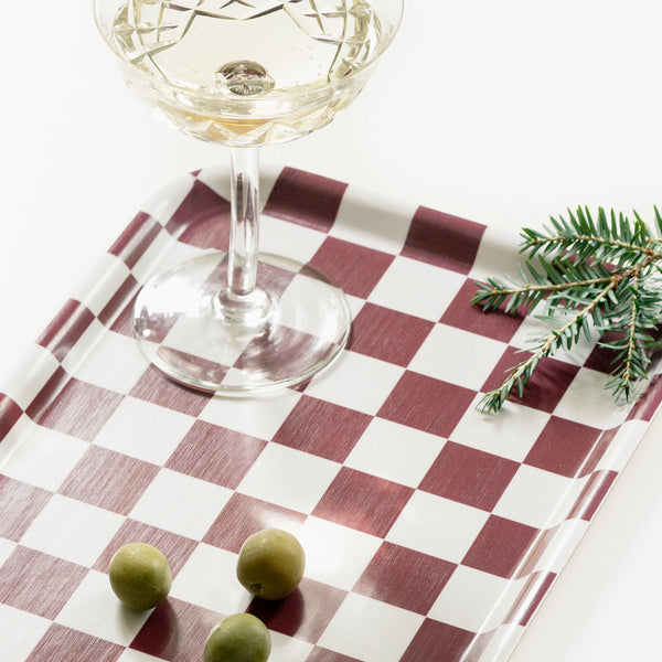 Burgundy/Cream CHECKER Rectangular Serving Tray - 27x20 cm
