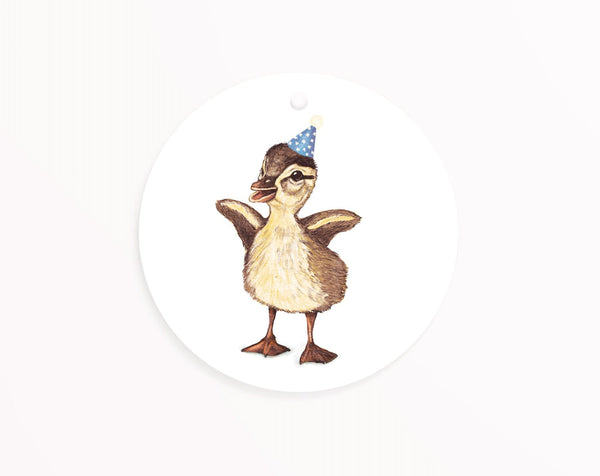 Étiquette ronde d’anniversaire Canard Kathings en papier recyclé FSC