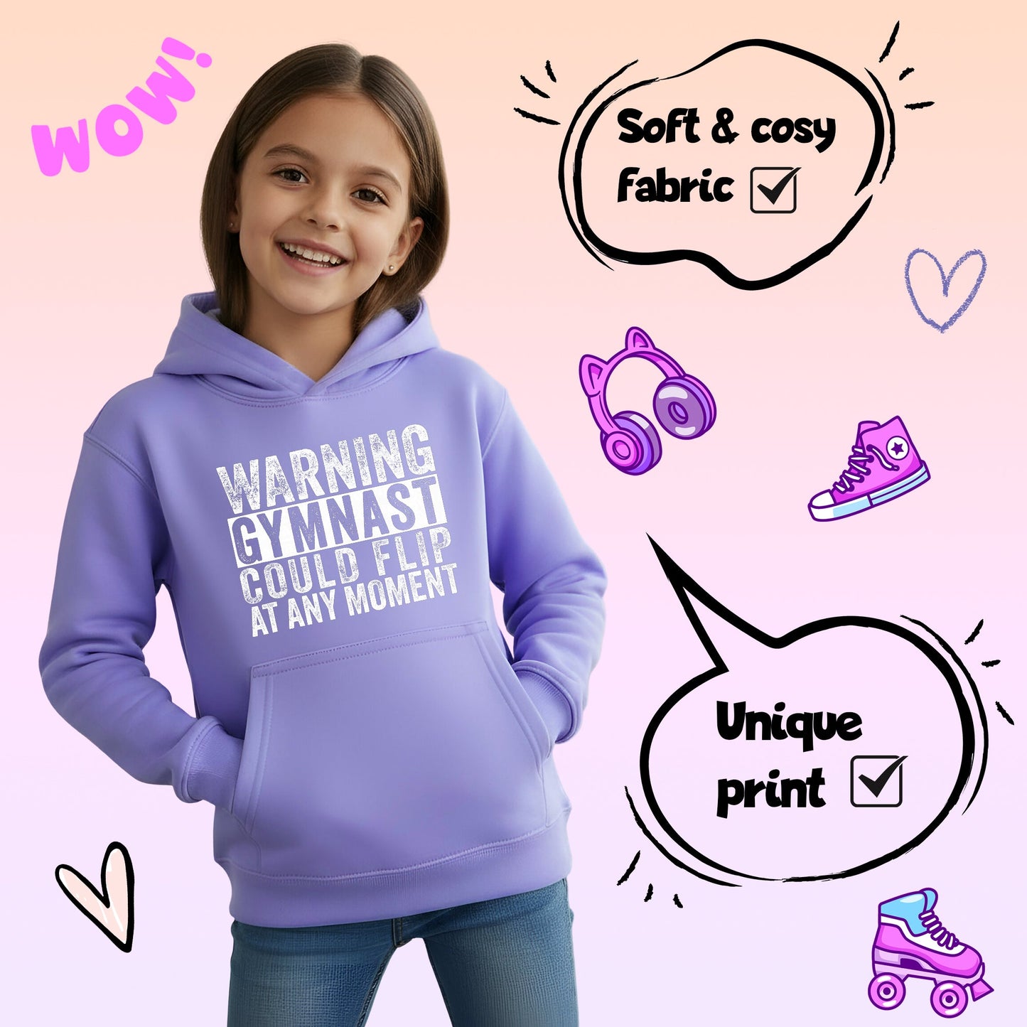 Fringoo Gymnastic Hoodie for Kids Cotton Rich Soft Hooded Sweatshirt - Gymnast Warning Purple