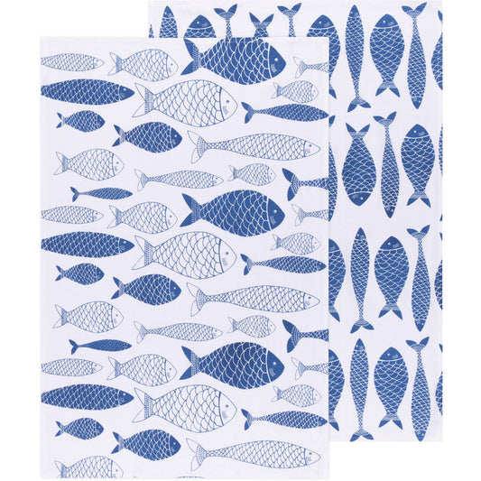 Set of 2 Floursack royal blue fish-patterned dish towels