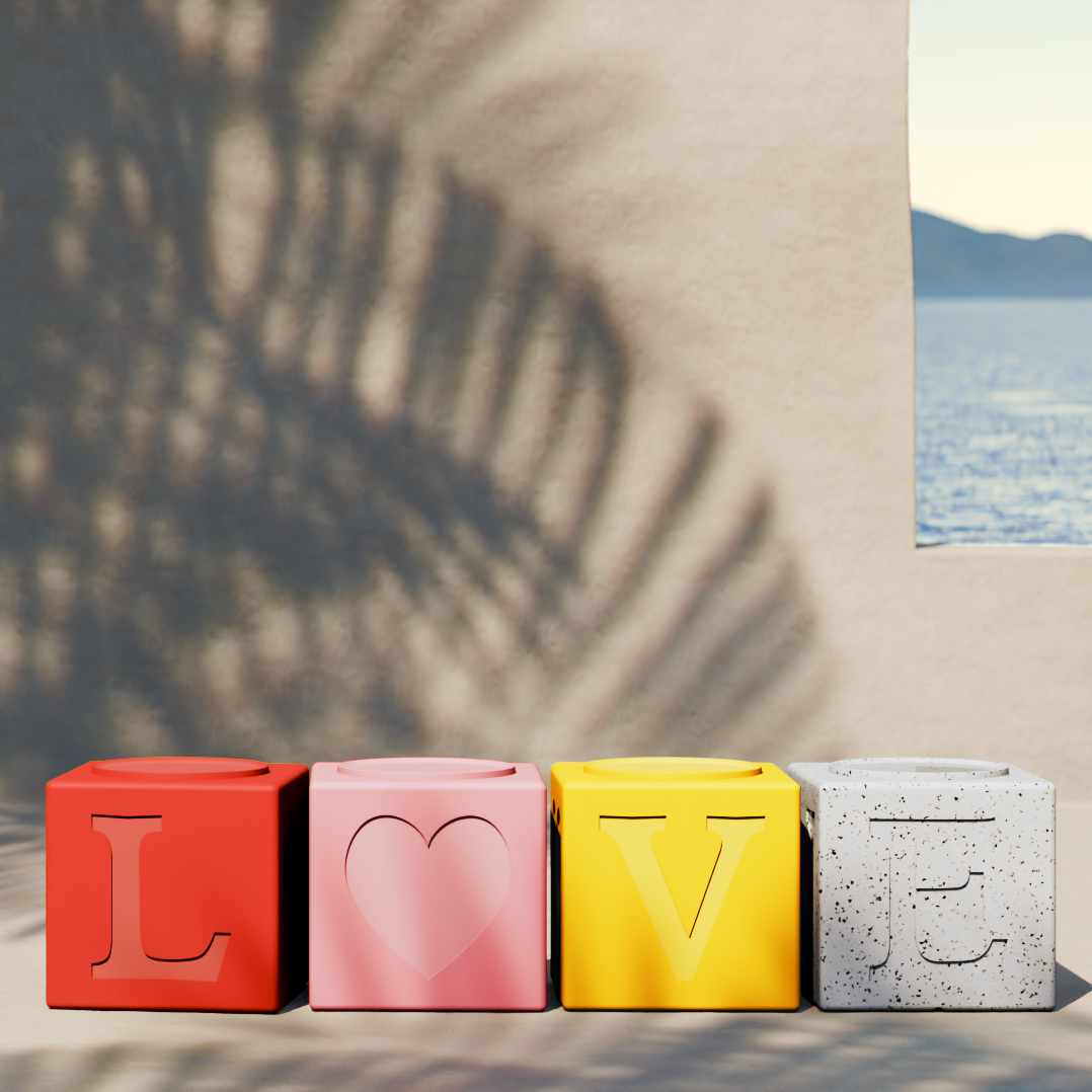 LOVE TOTEM – stapelbare Sitzgelegenheiten/Tische – Set mit 4 Würfeln