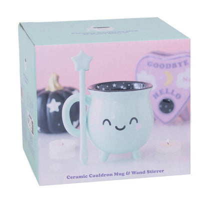Tasse d'Halloween en forme de chaudron kawaii vert menthe avec touillette en forme de baguette