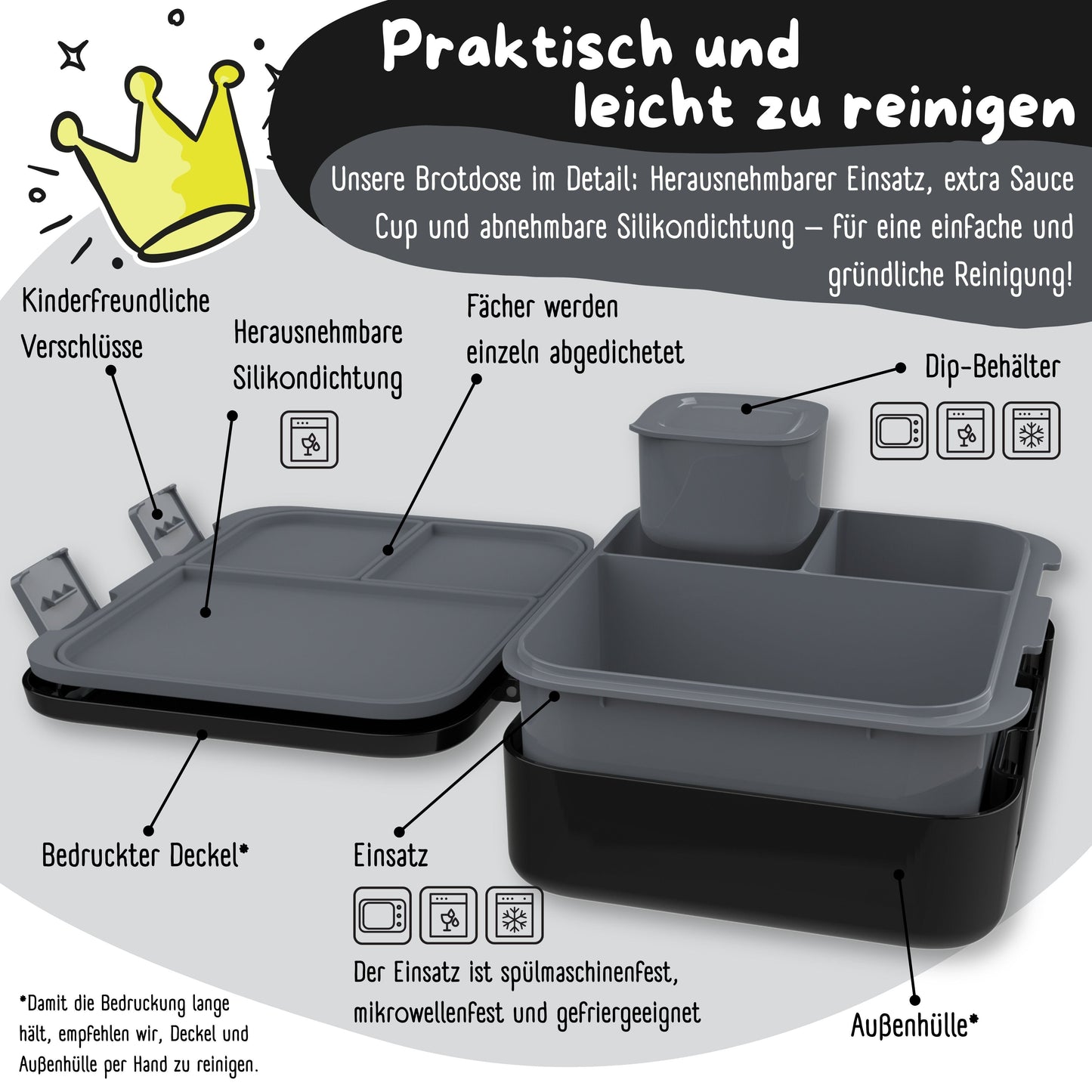 Brotdose mit Fächern, leicht & auslaufsicher - Game schwarz