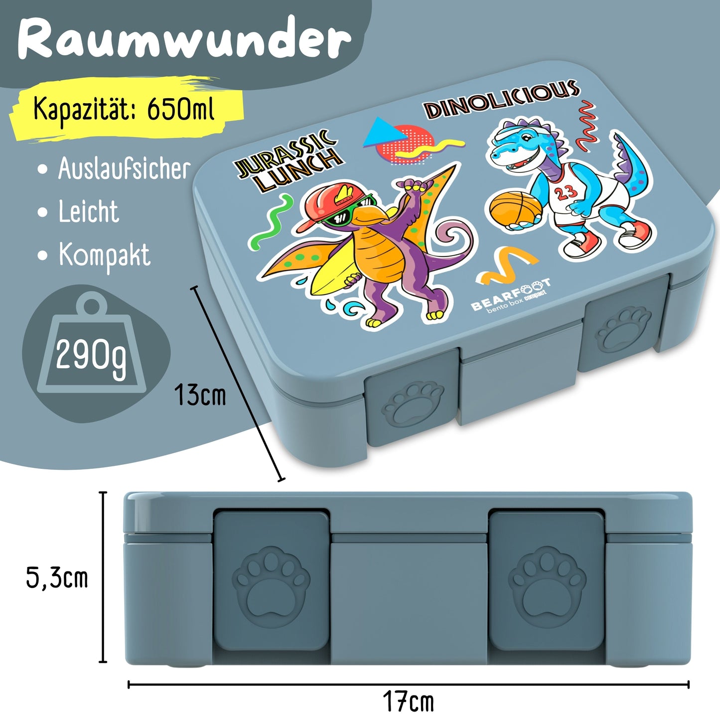 Brotdose mit Fächern, leicht & auslaufsicher - Dinos blau