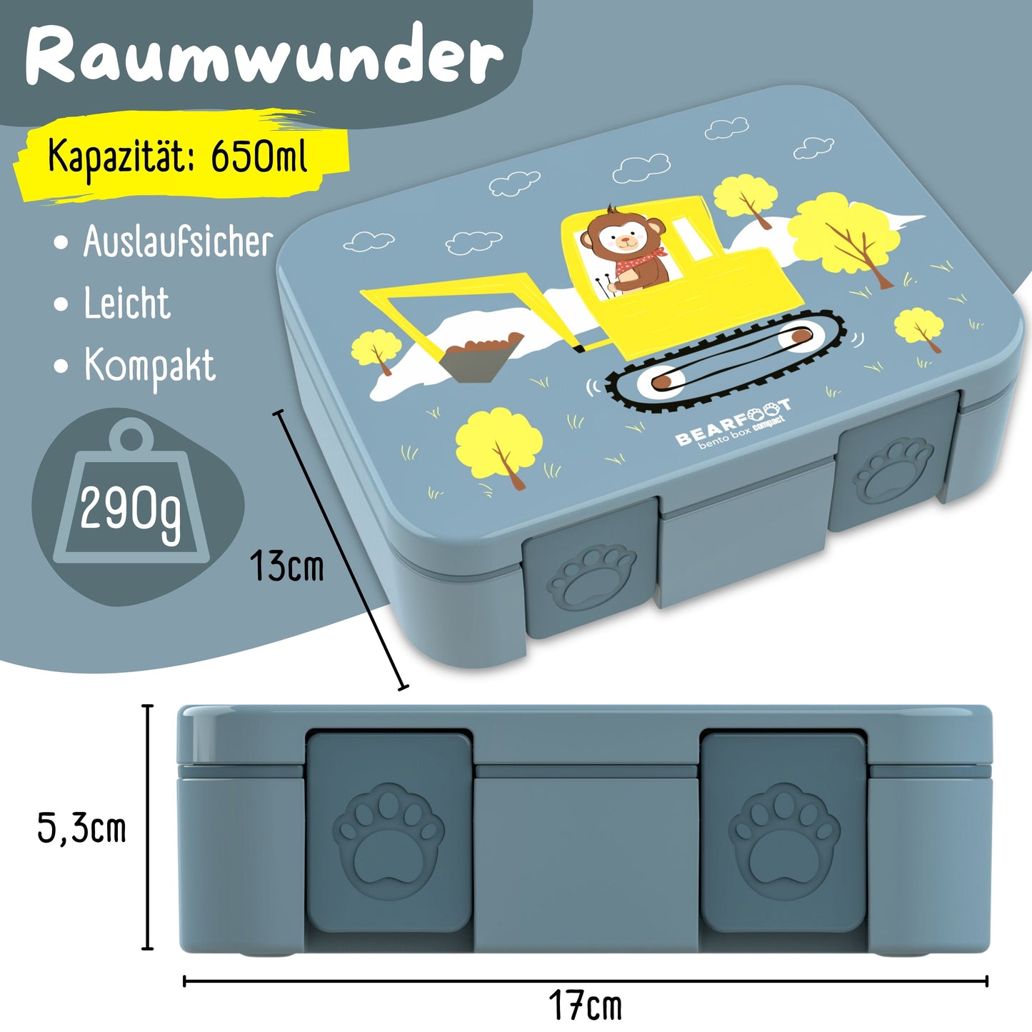Lunchbox with compartments, lightweight & leak-proof - Excavator blue