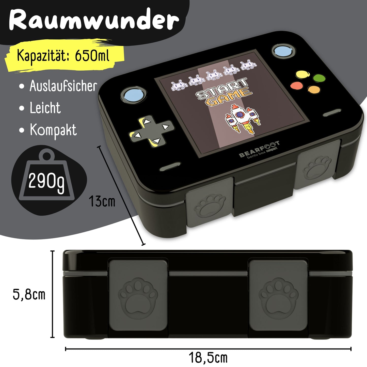 Brotdose mit Fächern, leicht & auslaufsicher - Game schwarz