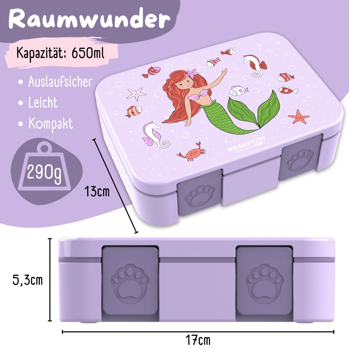 Lunch box with compartments, leak-proof - Mermaid purple