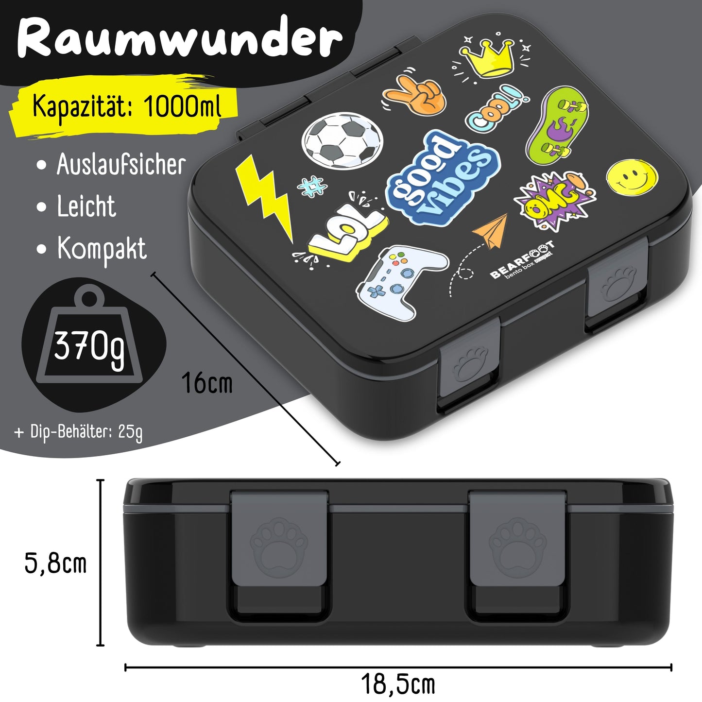 Brotdose mit Fächern, leicht & auslaufsicher - Sticker schwarz