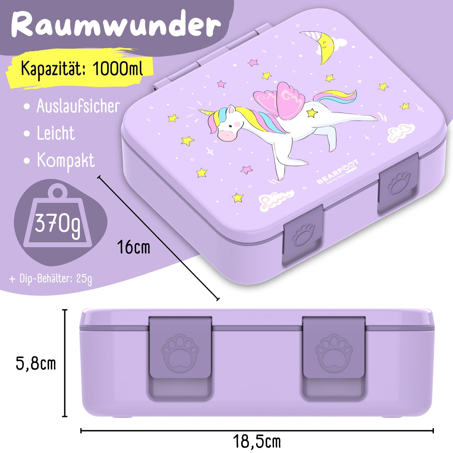 Compartmented lunch box, lightweight & leak-proof - Unicorn purple