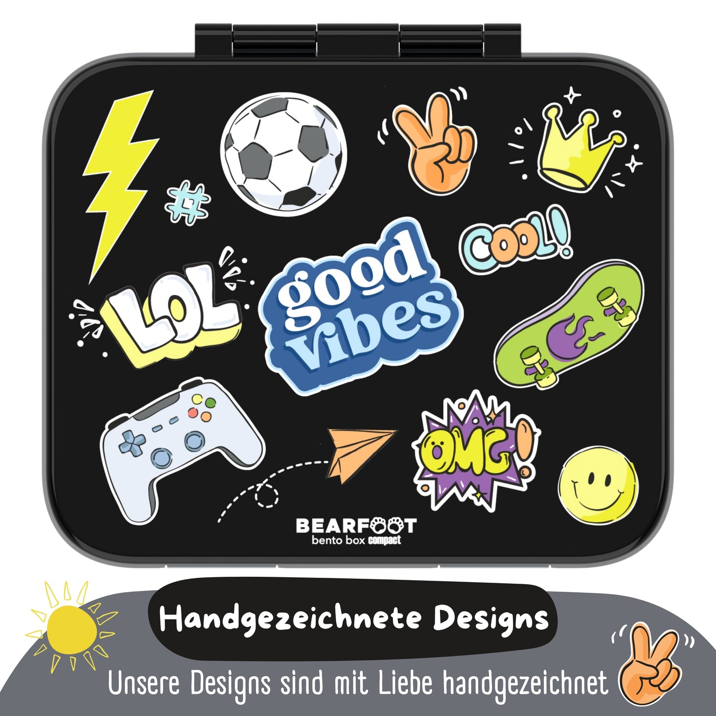 Brotdose mit Fächern, leicht & auslaufsicher - Sticker schwarz