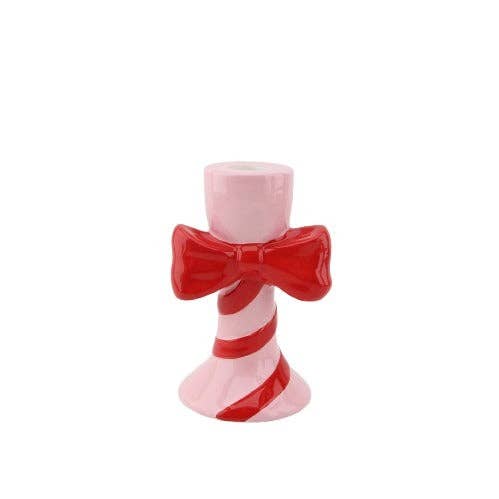 Candlestick - Stripes with Bow - Pink/Red - 9x8x14cm