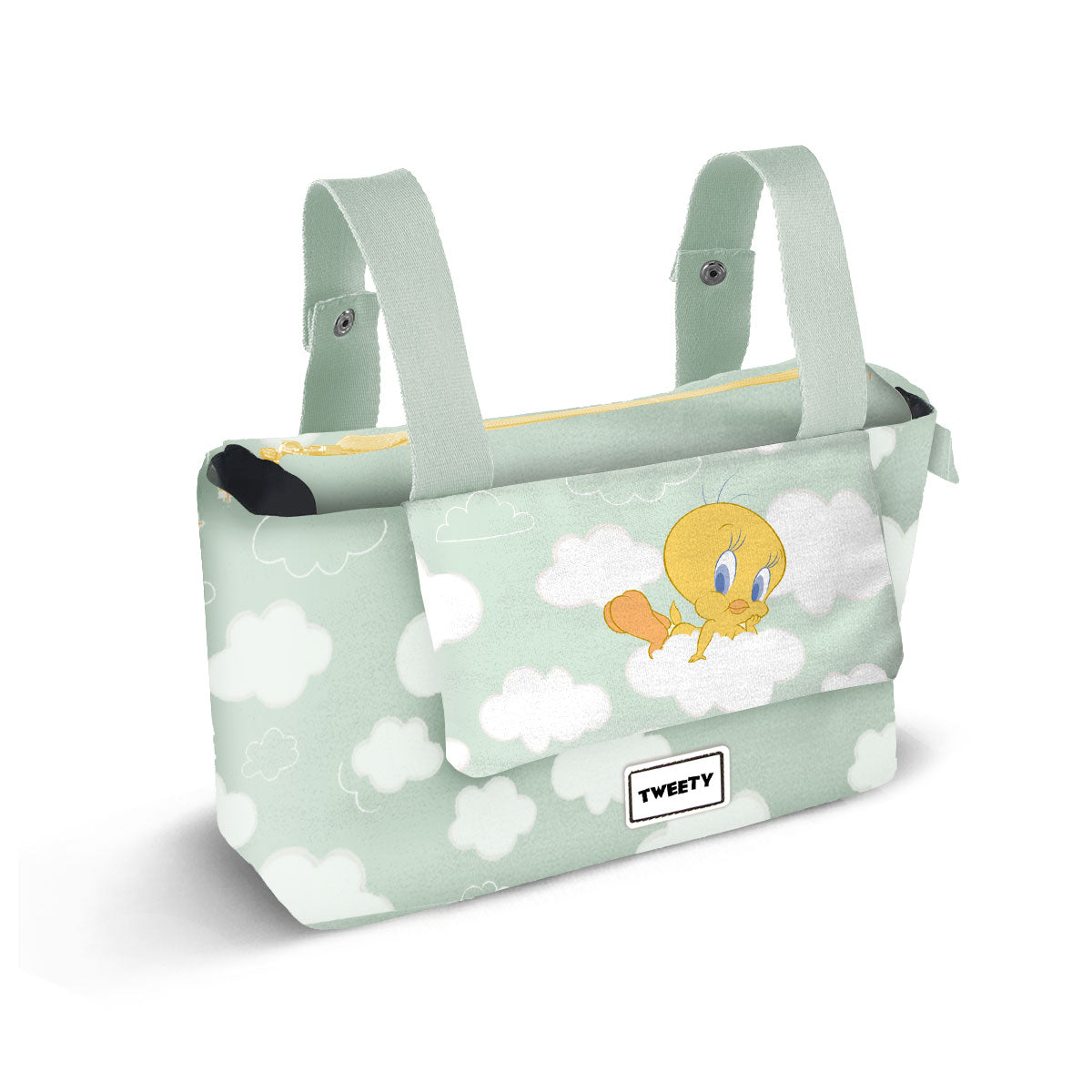 Sac Organisateur de Poussette Bébé Hamper Mommy Looney Tunes « Tweety (Titi) Clouds » – Vert