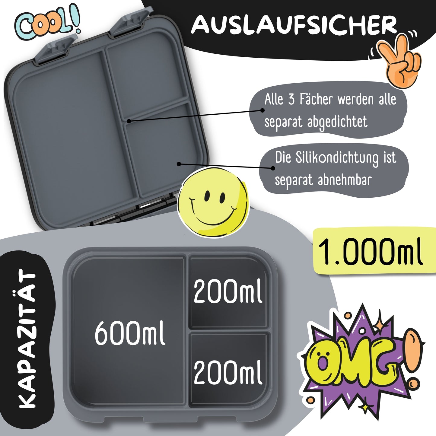 Brotdose mit Fächern, leicht & auslaufsicher - schwarz