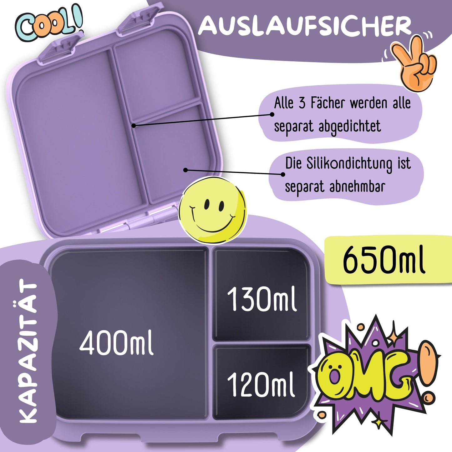 Lunch box with compartments, leak-proof - Mermaid purple