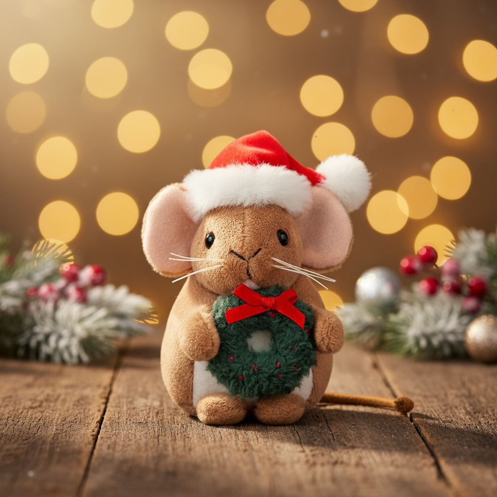 Topolino di Natale con Ghirlanda in Peluche – 11 cm