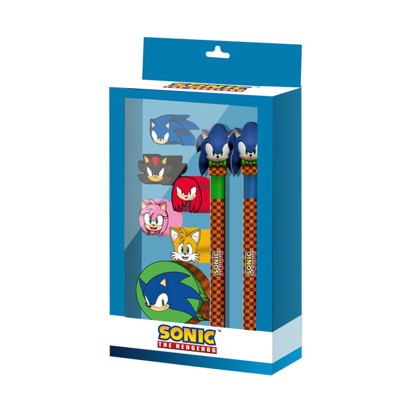 Stylo Gel Effaçable + Crayon Éternel + 5 Gommes + Taille-crayon Sonic the Hedgehog « Greenhill Pack Sonic » – Brun