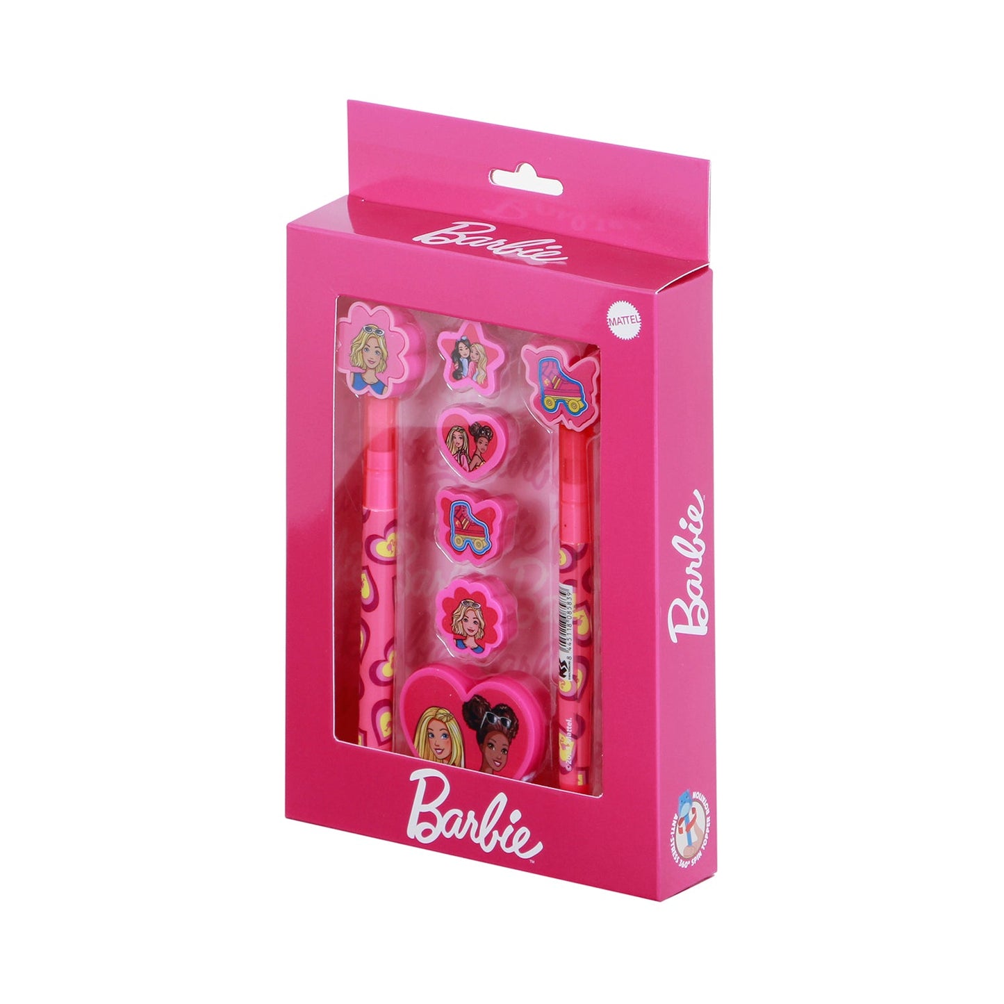Pack Mix de Stylo Gel Effaçable + Crayon Éternel + 4 Gommes + Taille-crayon Barbie