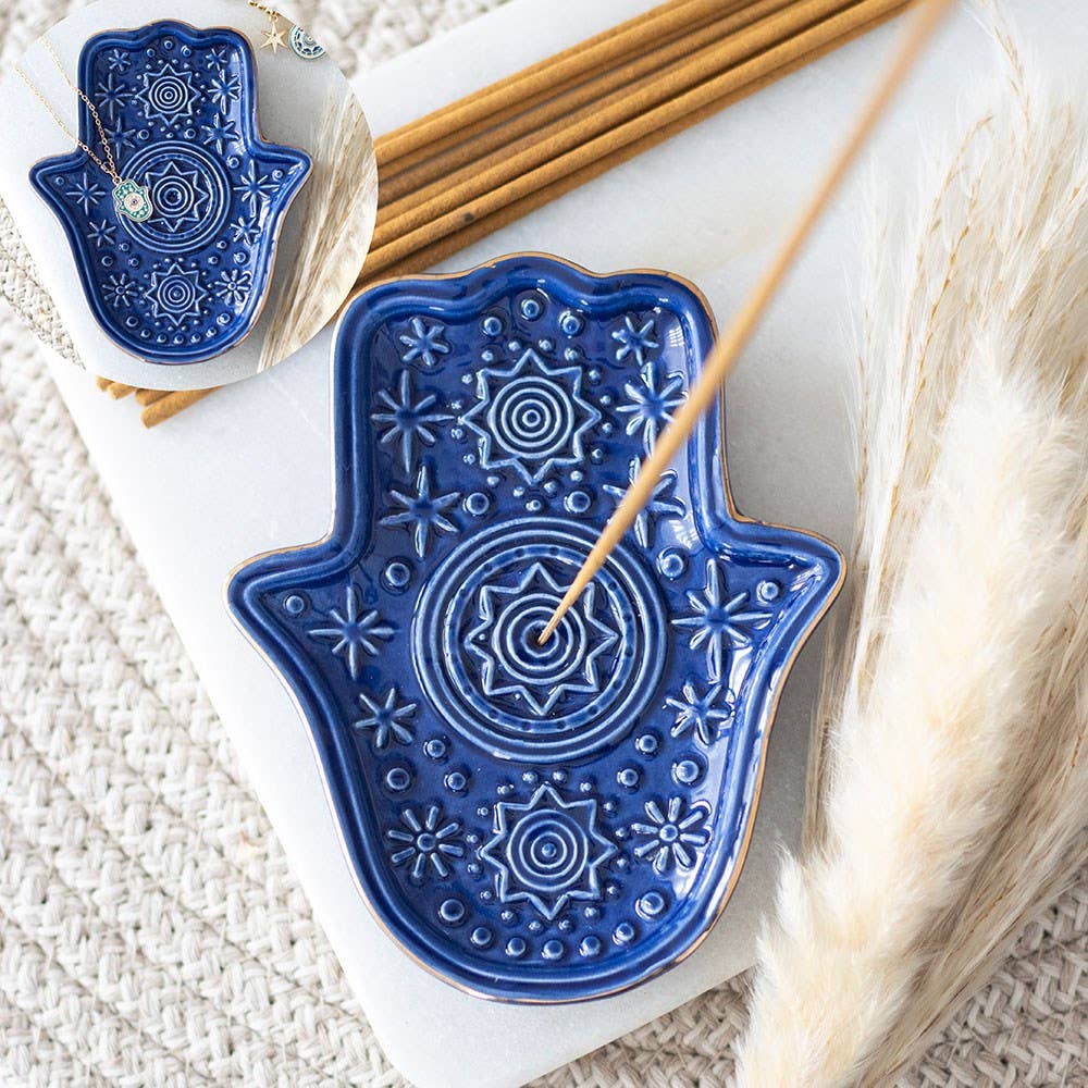 Porte-encens et vide-poche Main de Hamsa bleu foncé