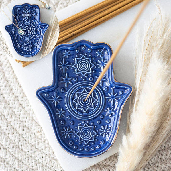 Dark Blue Hamsa Hand Incense Holder and Trinket Dish