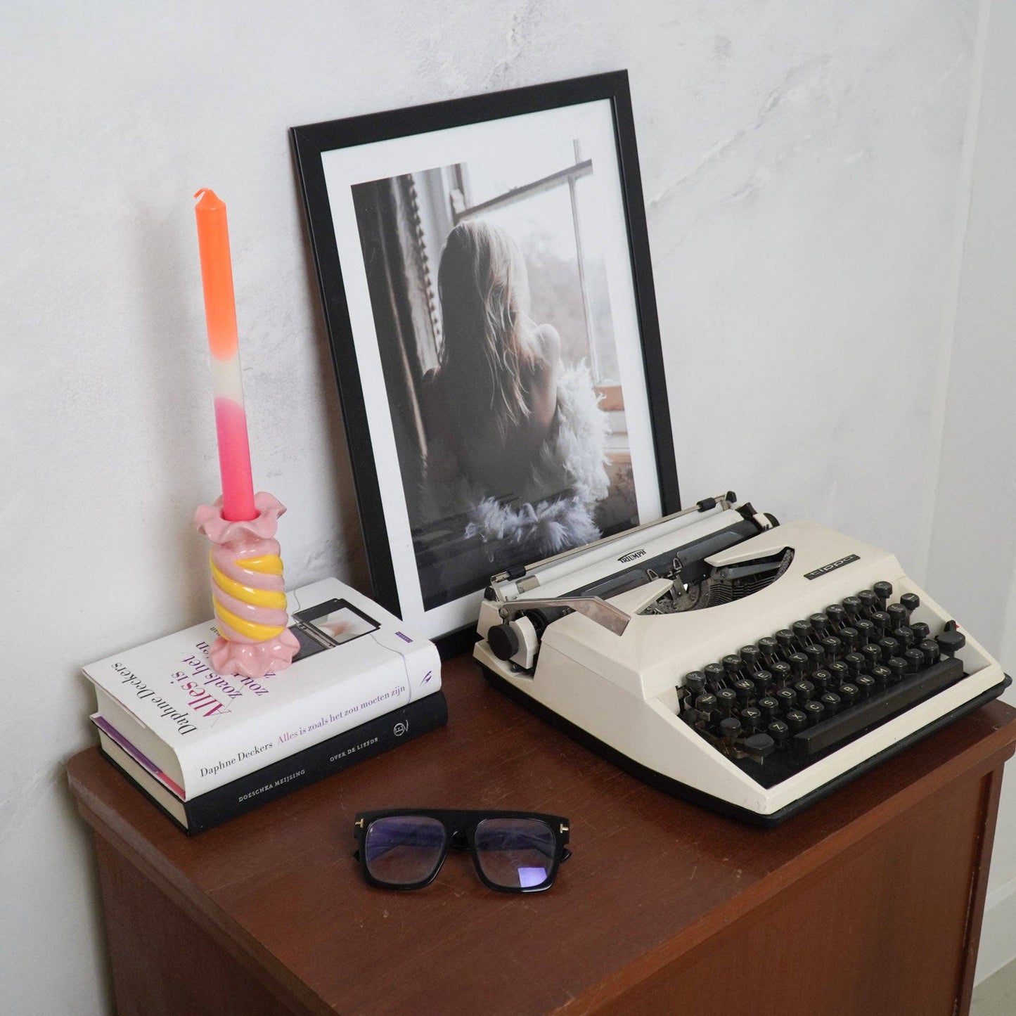 Candlestick - Toffee Candy - Ceramic - Pink/Yellow - 7.5x7.5x13 cm