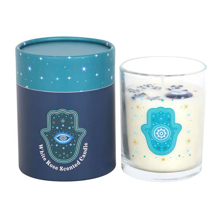 Bougie Main de Hamsa Rose Blanche avec Cristaux