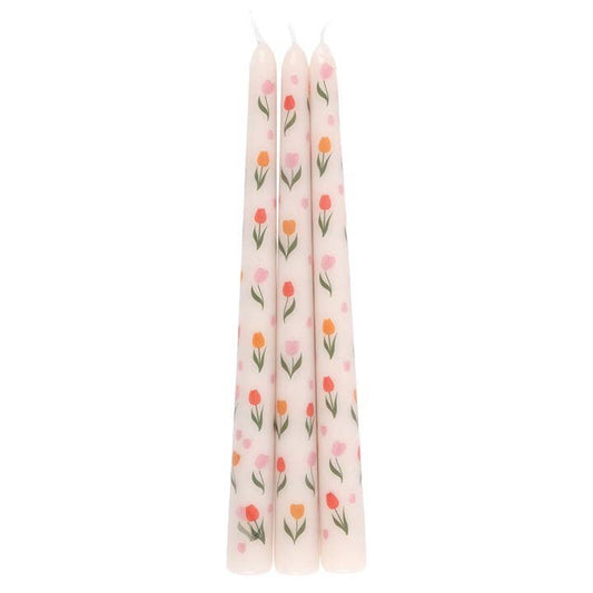 Set of 3 tapered candles with a tulip pattern