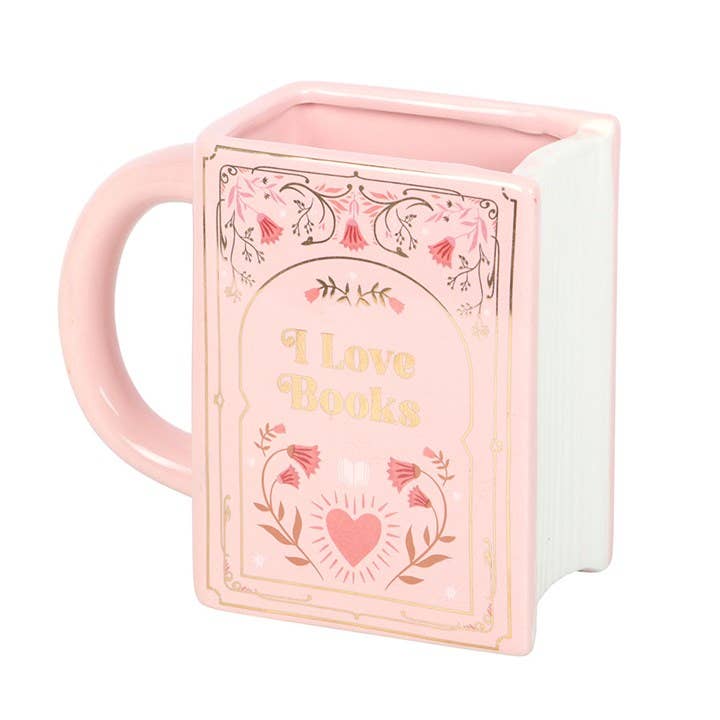 “I Love Books” Book Shaped Mug Pink