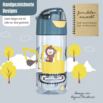 Trinkflasche Kinder, leichte Wasserflasche - Bagger & Affe