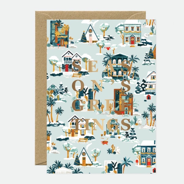 Snowy house - Carte de voeux - Feuille dorée