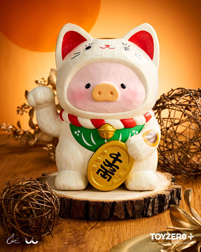 LuLu the Piglet - Maneki Lu (calico cat) — 18cm wooden sculpture