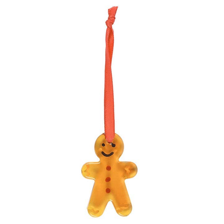 Hanging glass decorations in the shape of gingerbread men