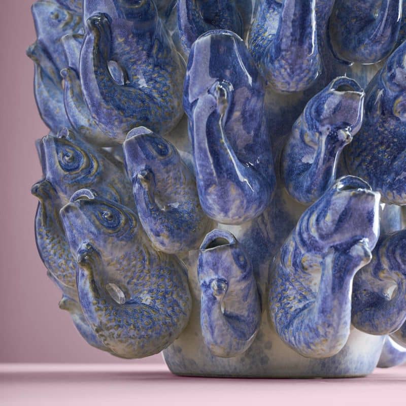 Fish school vase, blue stoneware, 24 x 24 x 32 cm