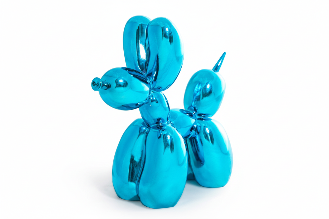 Large decorative figurine of a dog with a blue electric balloon.