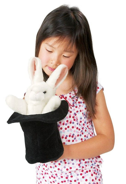 White rabbit hand puppet in hat