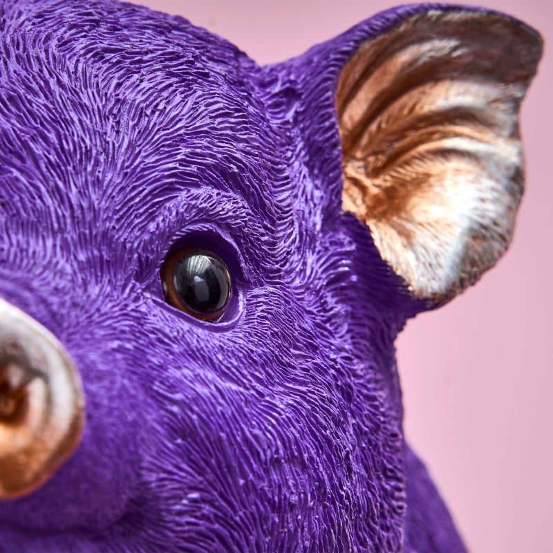 Money box, purple poly resin, 24 x 12 x 22.5 cm
