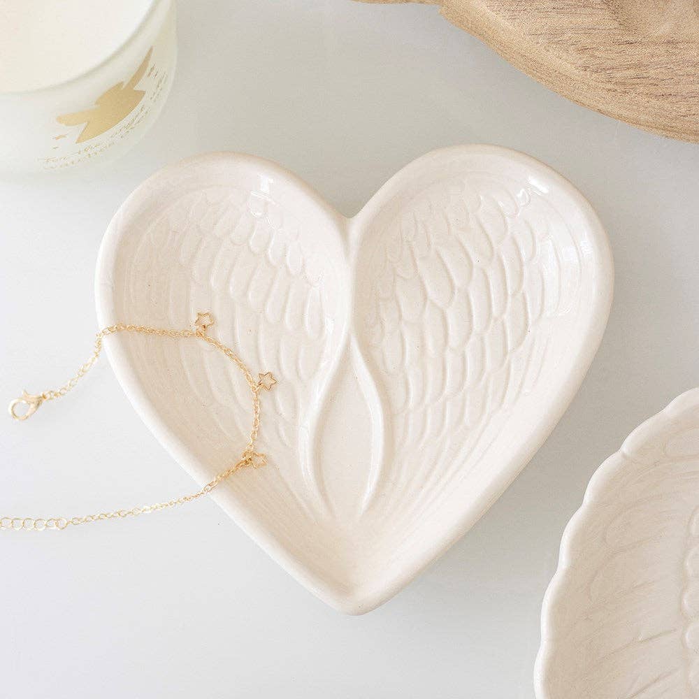 Coupelle à bijoux en forme de cœur avec aile d'ange blanc cassé