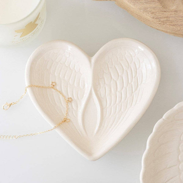Coupelle à bijoux en forme de cœur avec aile d'ange blanc cassé