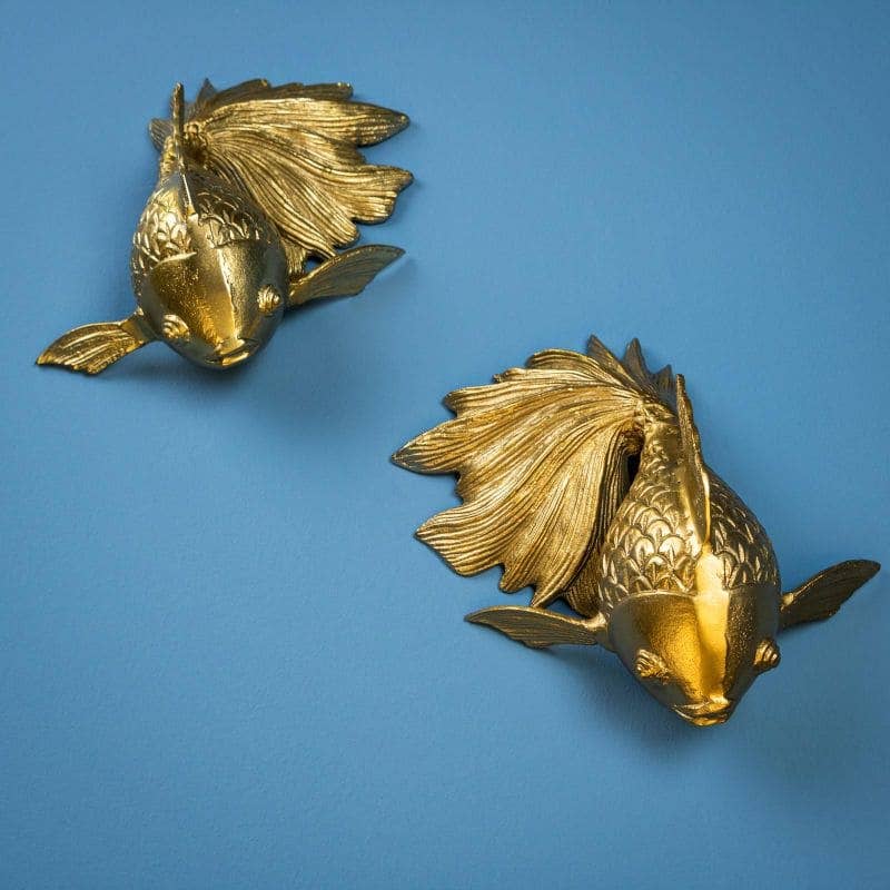 Decorazione murale a forma di pesce rosso, alluminio color oro, 27 x 17 x 12 cm
