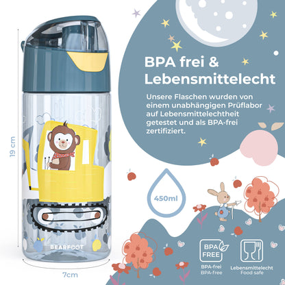 Trinkflasche Kinder, leichte Wasserflasche - Bagger & Affe
