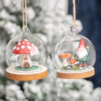 Hanging Glass Dome Decoration with Gnome and Mushrooms